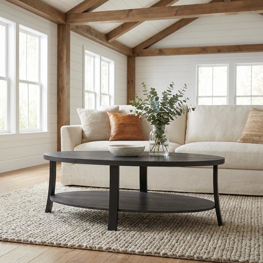 Contemporary Charcoal Oval Wood Shelf Coffee Table with Storage Space