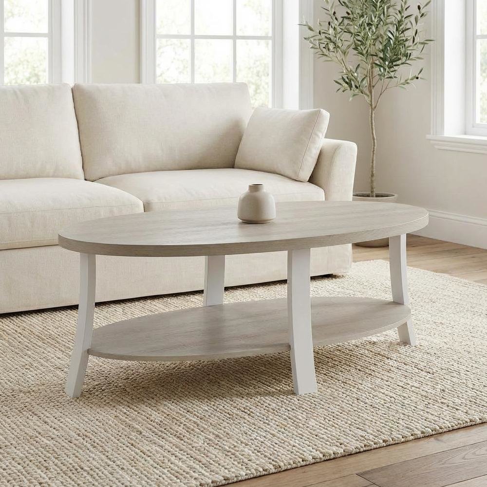 White Oval Wood Shelf Coffee Table with Contemporary Design and Storage Space