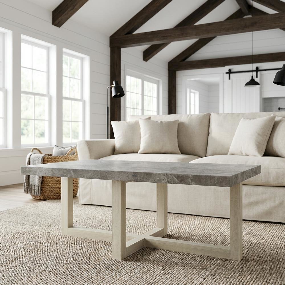 Faux Concrete Coffee Table in White with Contemporary Design and Sturdy Build