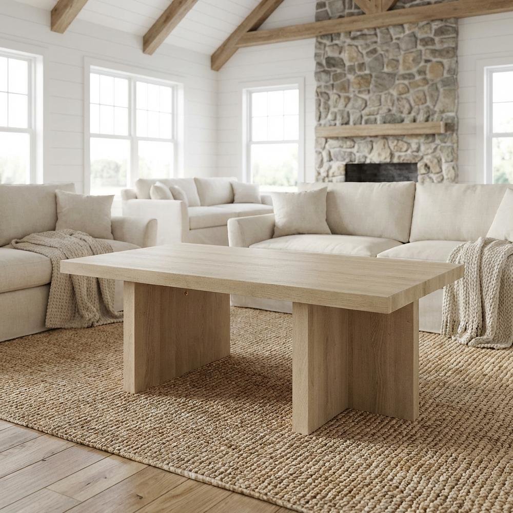 Brown Contemporary Coffee Table with Oak Finish and Sturdy Solid Wood Design