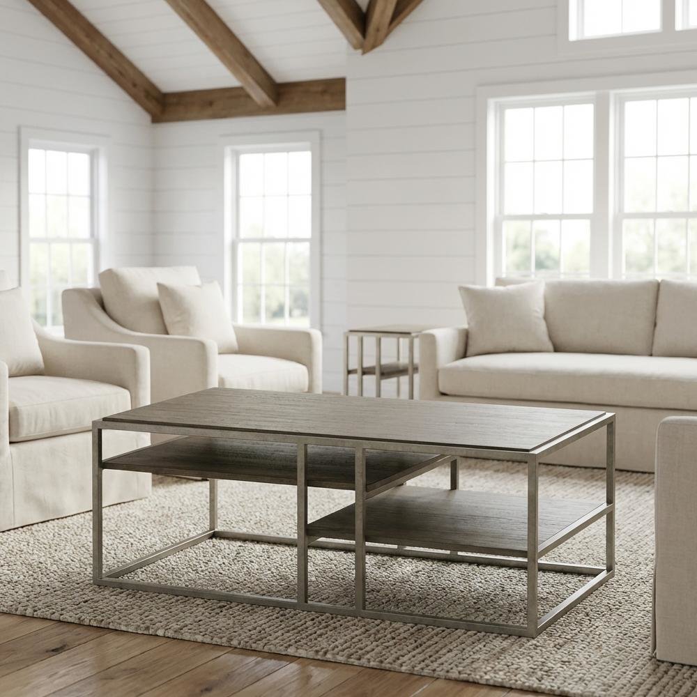 Metal Frame Coffee Table Set with 2 Wood Chairside Tables for Living Room