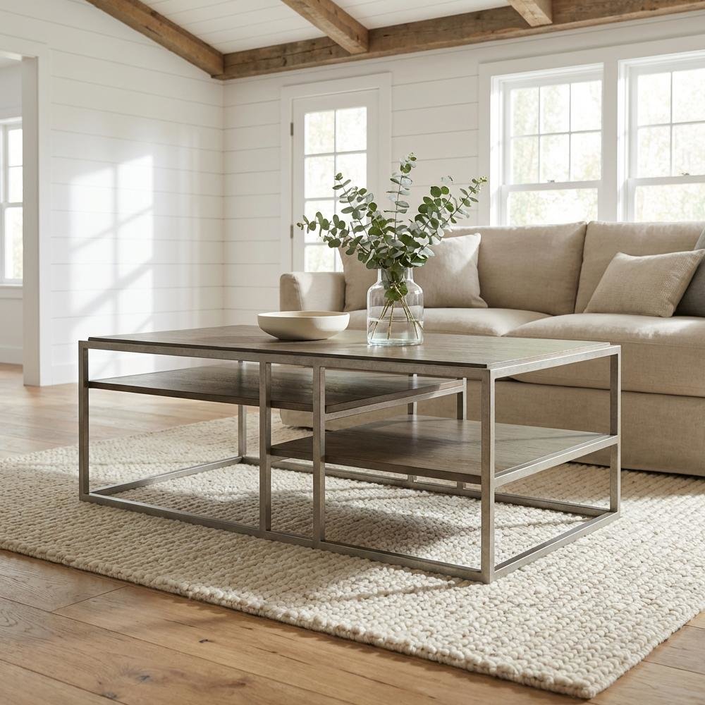 Metal Frame Coffee Table with Wood Shelf for Living Room Storage