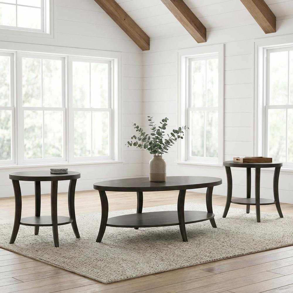 Gray Oval Coffee Table Set with 3 Pieces and Contemporary Design for Living Room