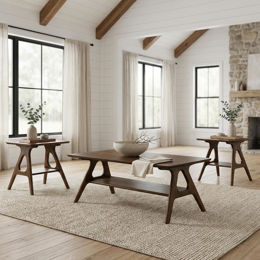 Wood 3-Piece Coffee Table Set with Mid-Century Modern Design and Sturdy Build