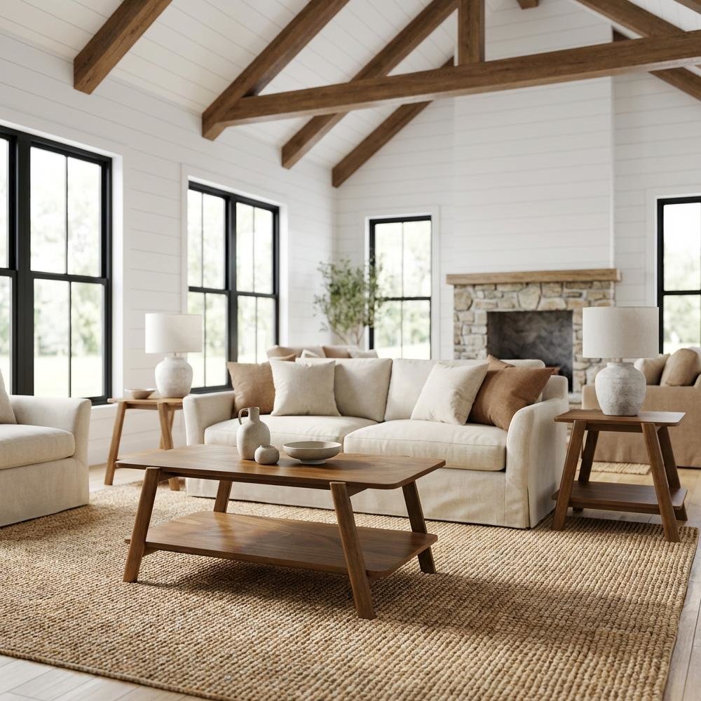 Walnut 3-Piece Wood Coffee Table Set with Mid-Century Modern Design