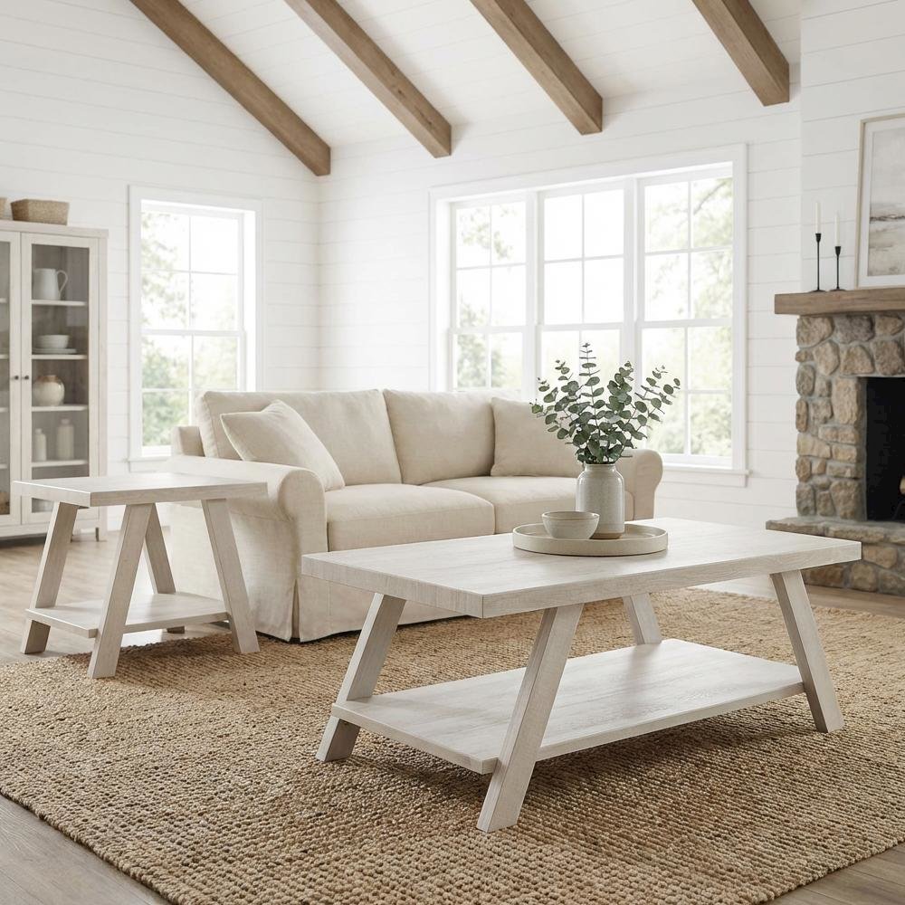 White Wood Shelf Coffee Table with Storage and Modern Design