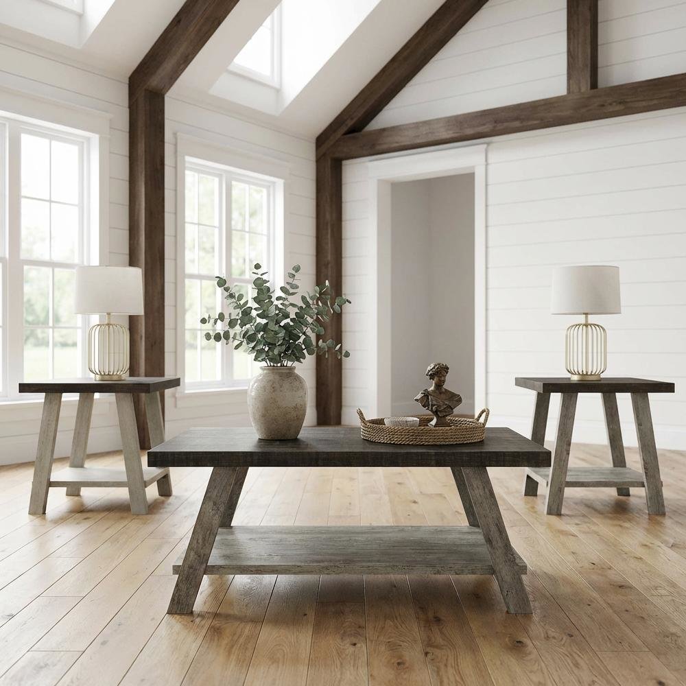 3-Piece Wood Shelf Coffee Table Set Weathered Walnut Gray with Storage
