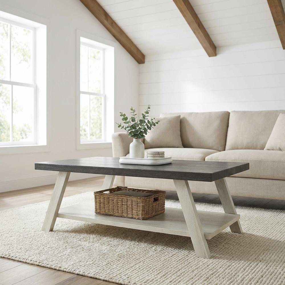 Weathered Charcoal and Beige 3-Piece Wood Shelf Coffee Table Set with Storage