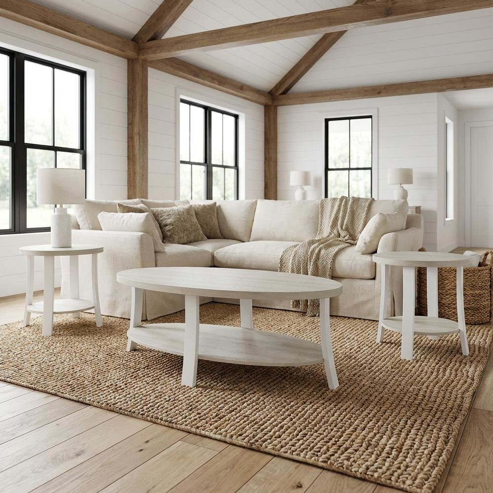 White Oval Wood 3-Piece Coffee Table Set with Contemporary Shelf Design