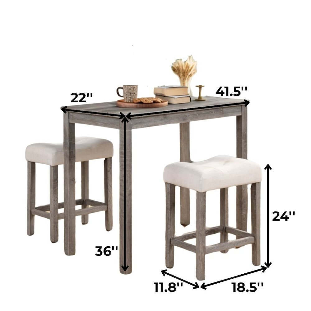 Gray 3 Piece Counter Height Dining Table Set, Tall Design in Taupe Finish