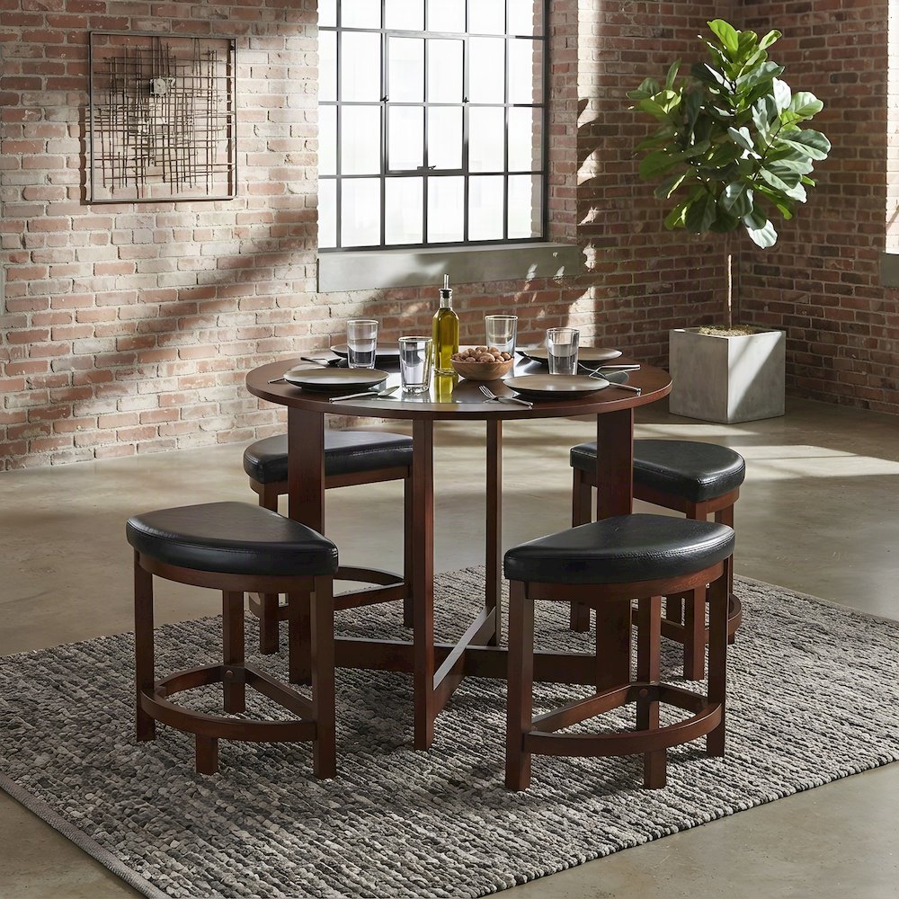 Wood and Glass Top Round Counter Height Pub Table with 4 Stools, Brown