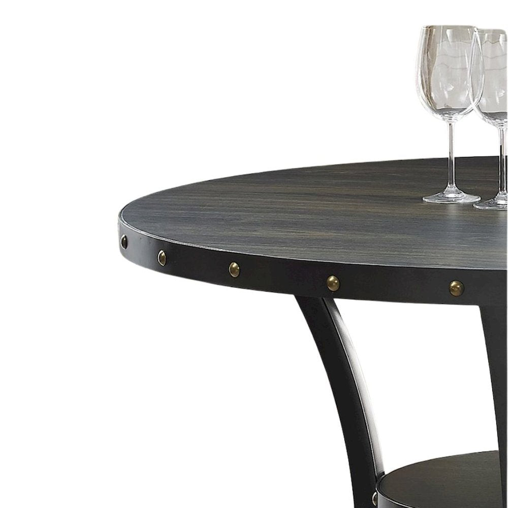 Gray Round Counter Height Dining Table with Open Shelf, Metal Base Wooden Table