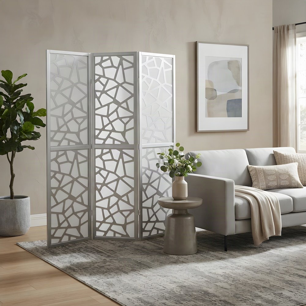 Wood and Non-Woven Fabric 4-Panel Folding Privacy Screen Room Divider, Silver