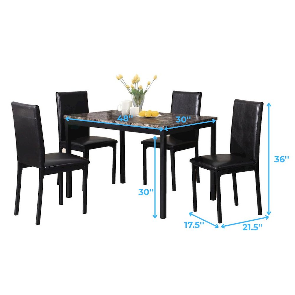 Black Faux Marble Dining Table Set with 4 Chairs, 5-Piece Set