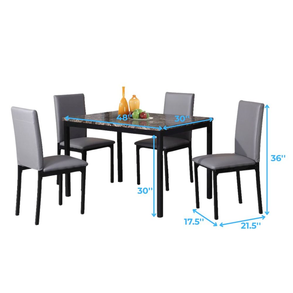 Gray Faux Marble Dining Table Set with 4 Chairs, 5-Piece Set
