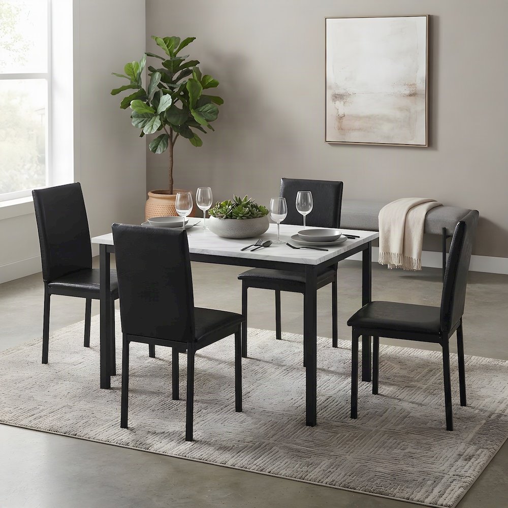 Faux Marble Top Dining Table with Faux Leather Chairs 5 Piece Set, Black