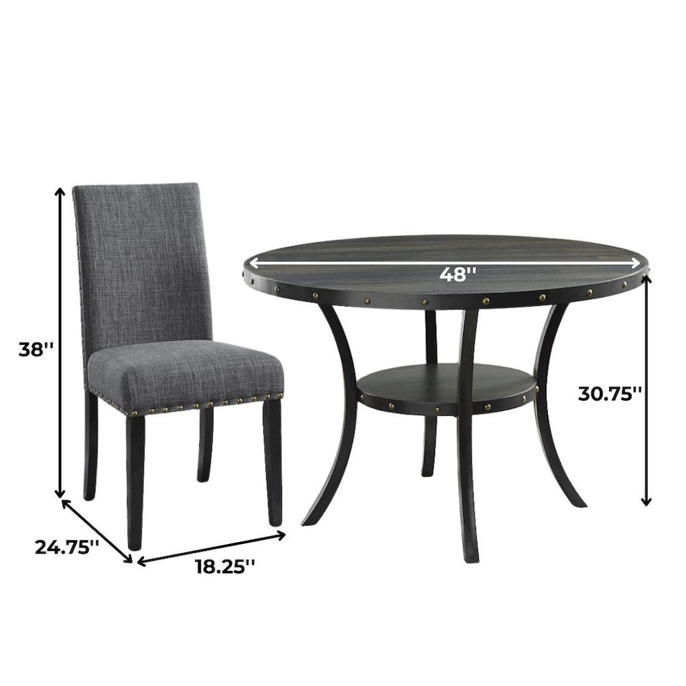 Gray Round Dining Table Set for 4, Upholstered Chairs and Nailhead Trim