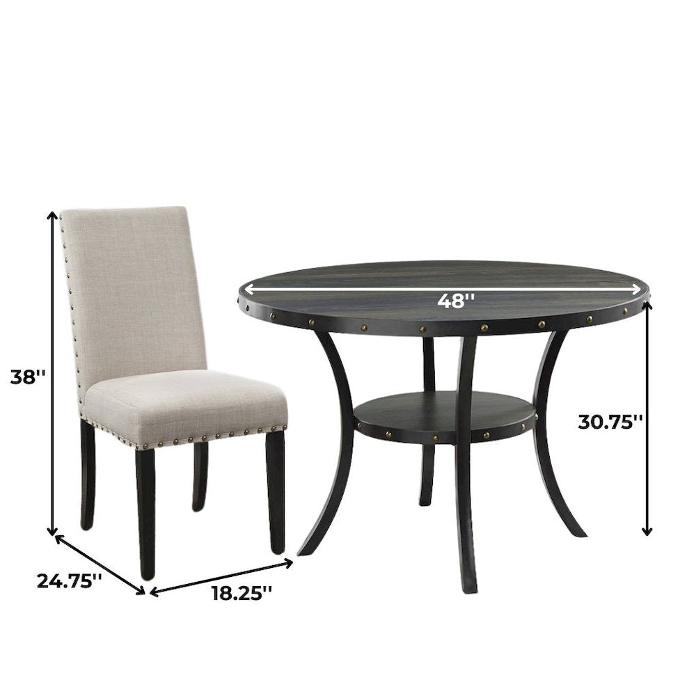Beige Round Dining Table Set for 4, Upholstered Chairs and Nailhead Trim