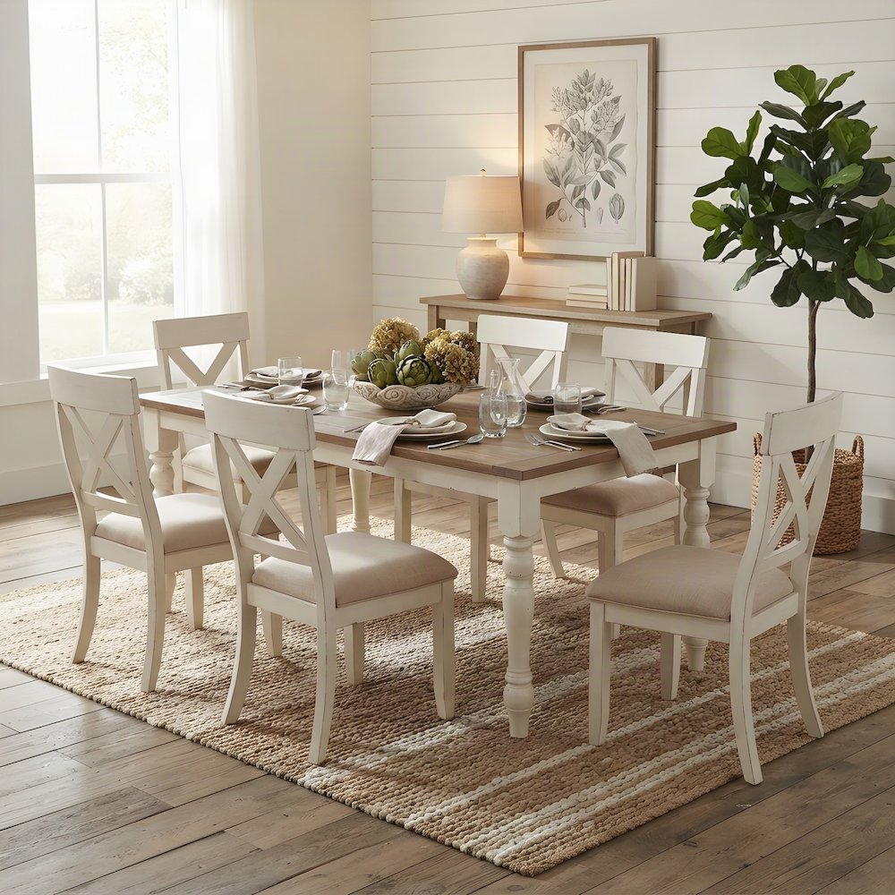 Wood Farmhouse Dining Table with Cross-Back Chairs, 7 Piece Set, Antique White