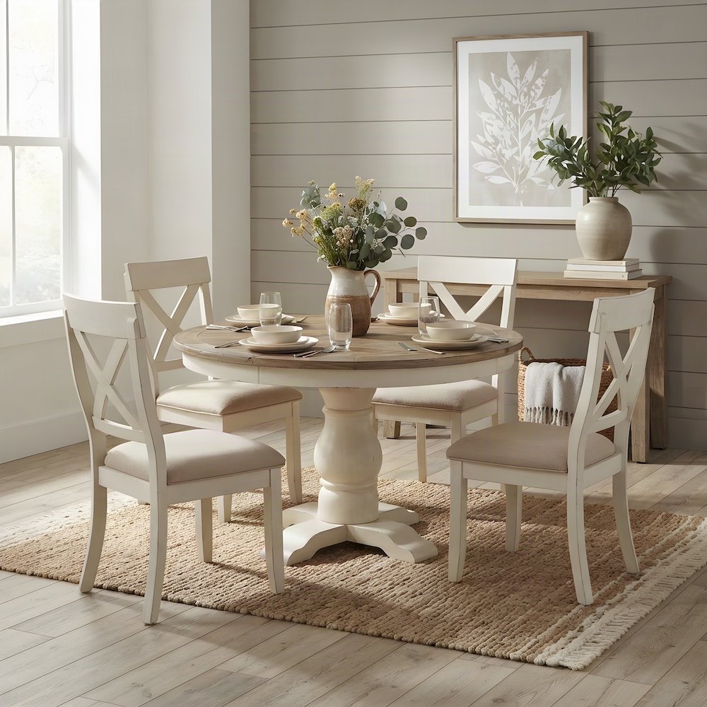 Wood Round Dining Table and Upholstered Chairs 5 Piece Set, Antique White
