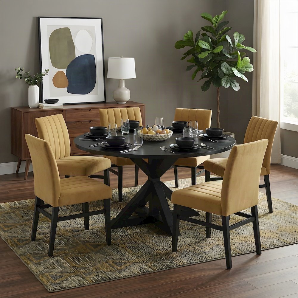 Cross-Buck Round Dining Table with Fabric Chairs, 5 Piece Set, Yellow