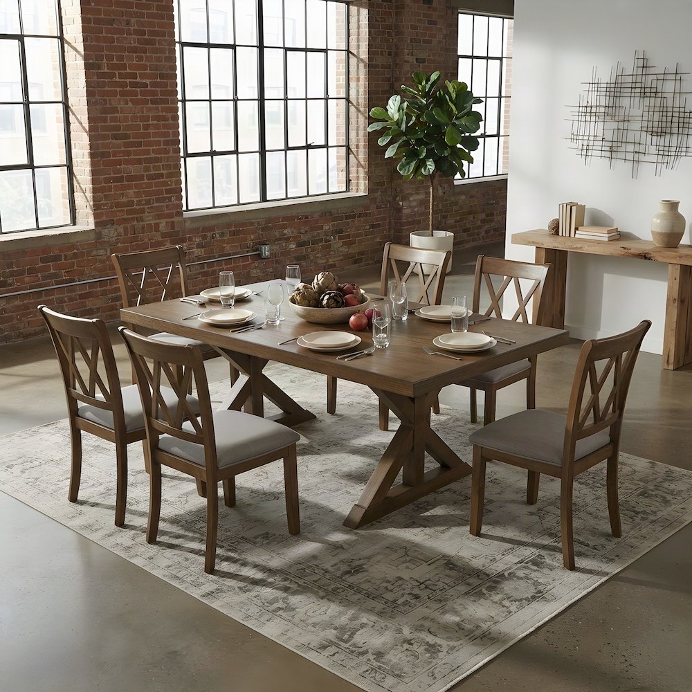 Wood Trestle Dining Table with Upholstered Chairs 7 Piece Set, Cotttage Oak