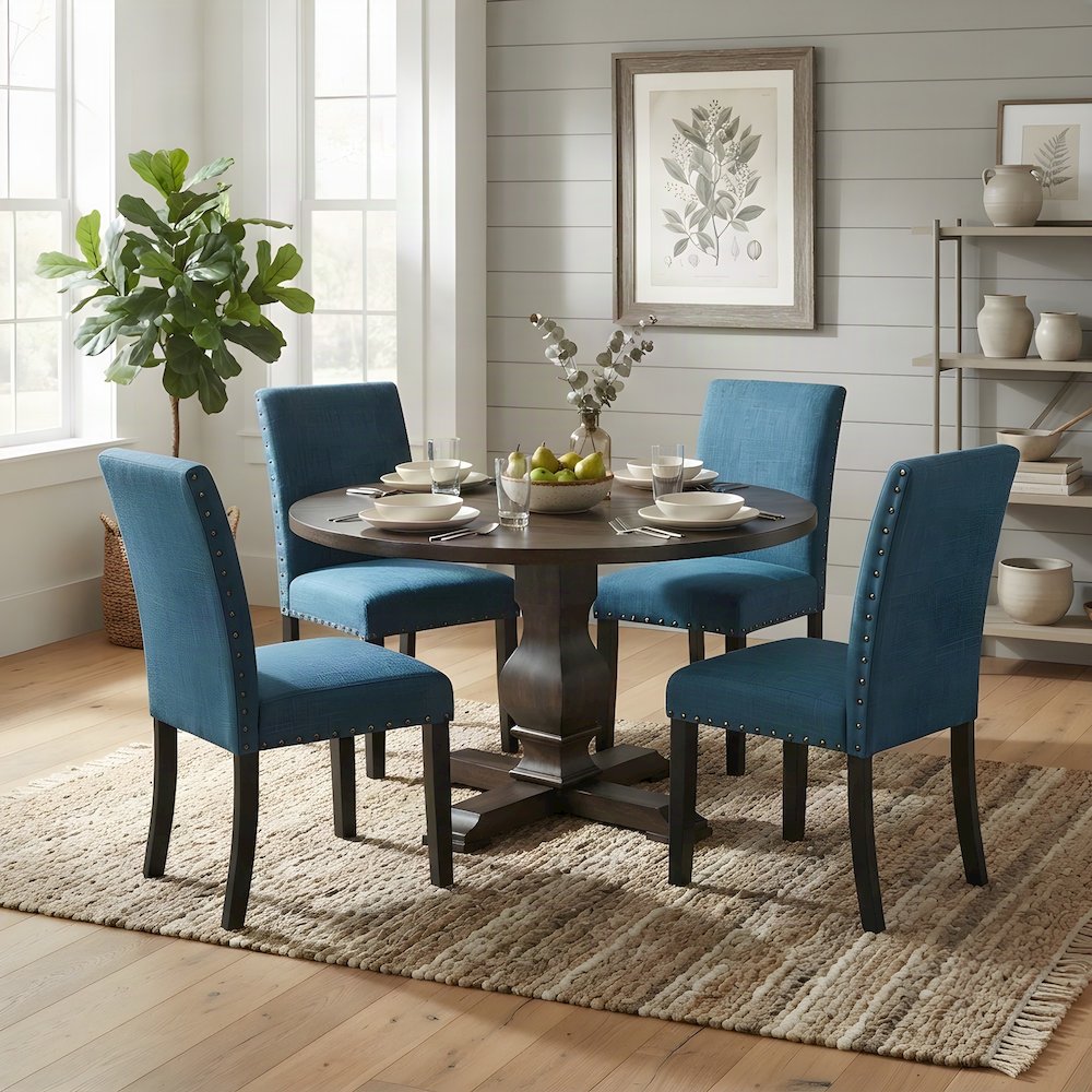 Upholstered Round Pedestal Dining Table and Chairs 5 Piece Set, Blue