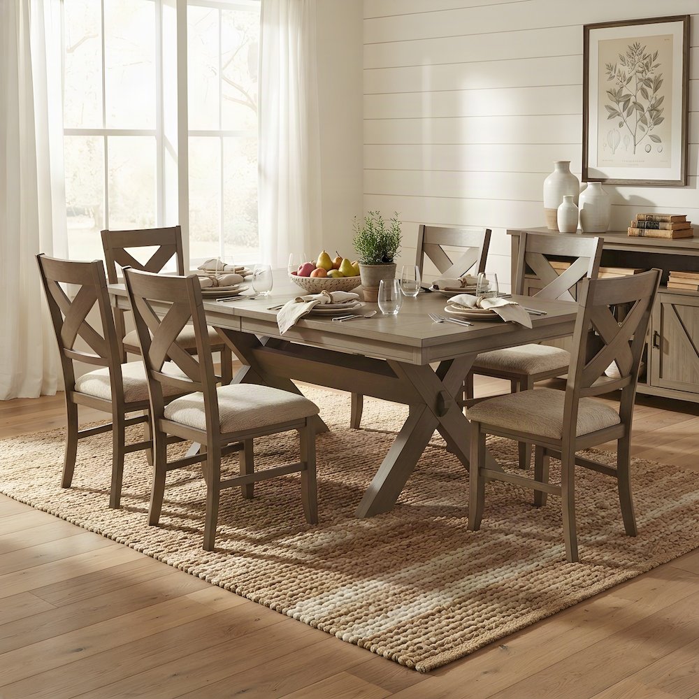 Extendable Wood Dining Table Set with Farmhouse Chairs, Pine Brown, 7 Piece Set