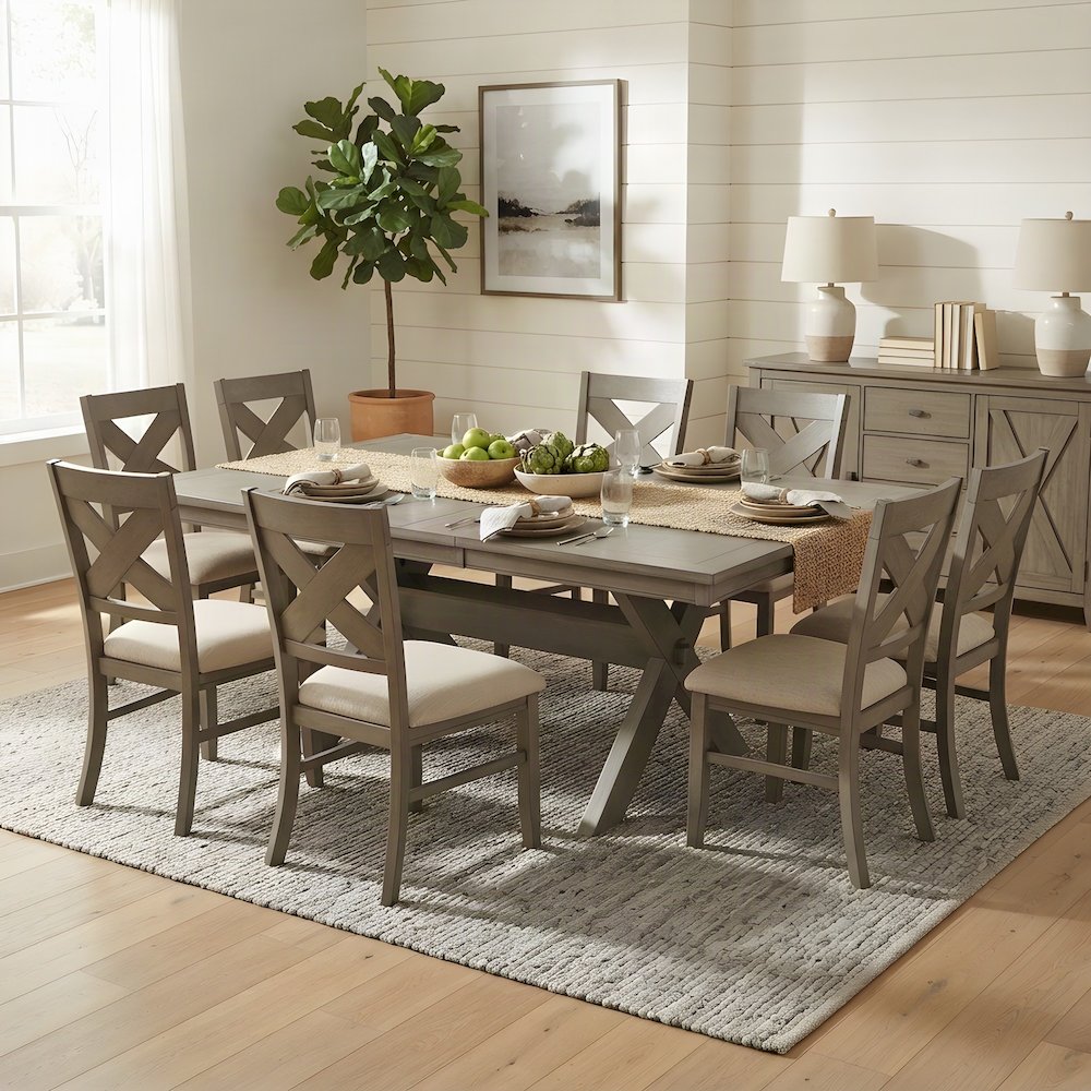 Extendable Wood Dining Table Set withFarmhouse Chairs, Pine Brown, 9 Piece Set