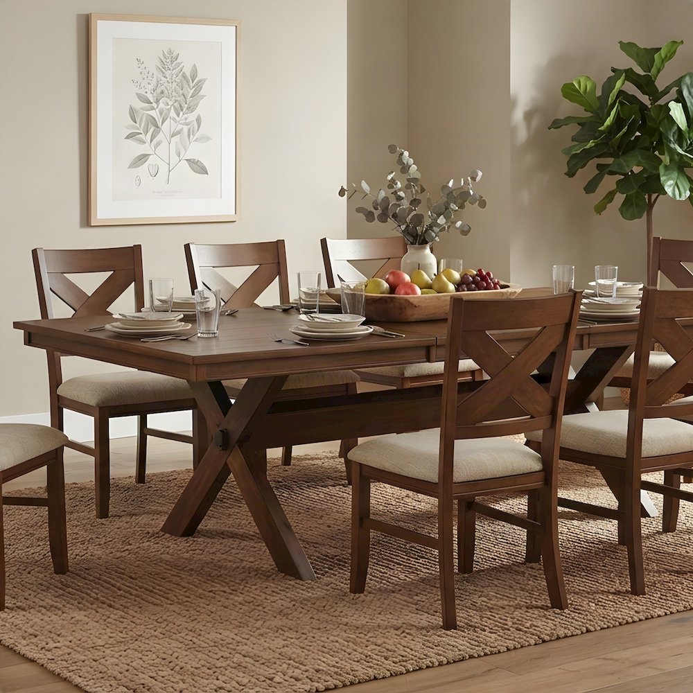 Wood Extendable Dining Table with Upholstered Chairs, 9 Piece Set, Walnut