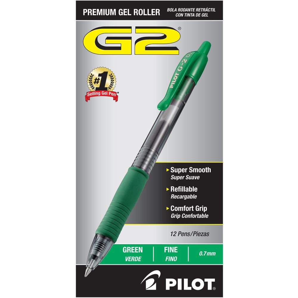 Pilot G2 Retractable Gel Ink Rollerball Pens - Fine Pen Point - 0.7 mm Pen Point Size - Refillable - Retractable - Green Gel-based Ink - 1 Dozen