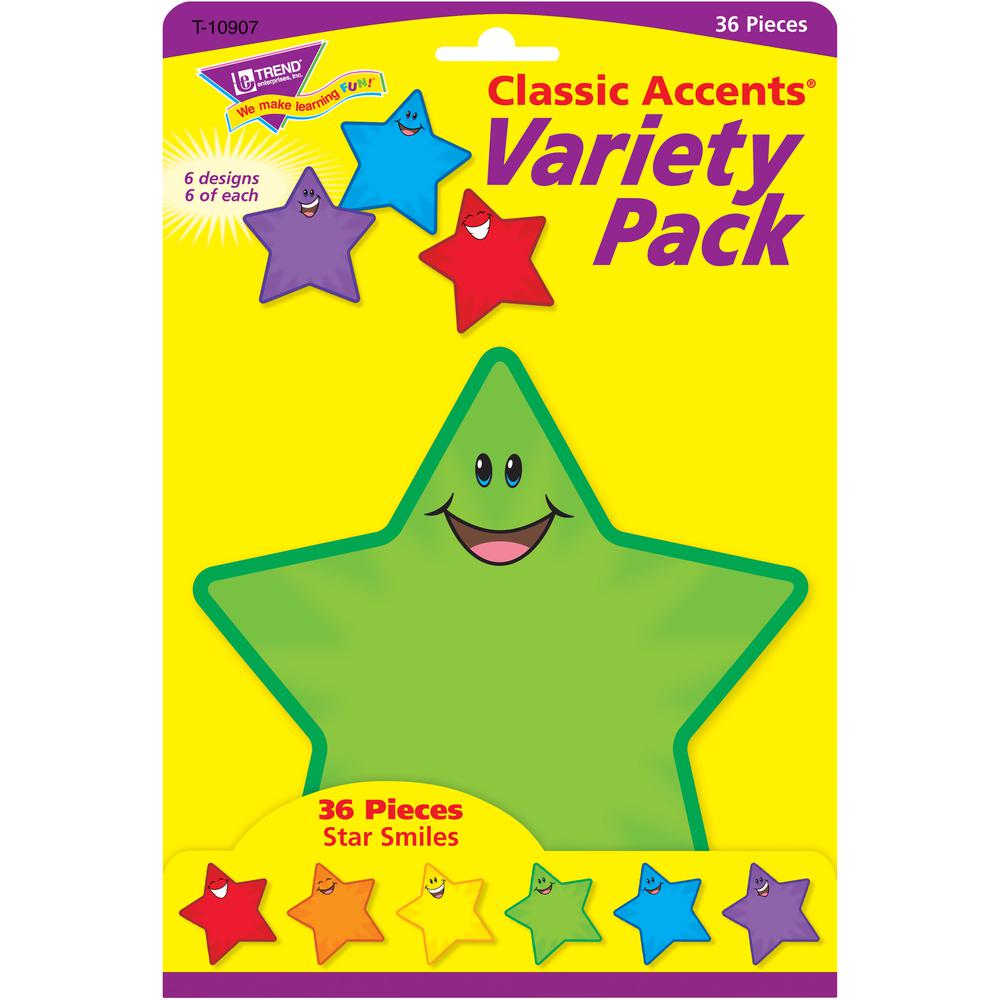Trend Smiling Stars Accents - 36 x Smiley Star Shape - Precut - 5.50" Height - Assorted - 36 / Pack