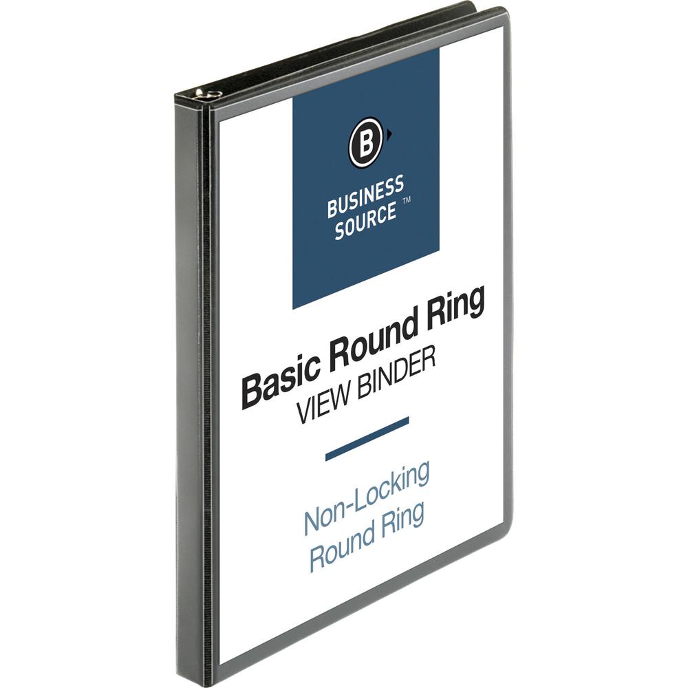 Business Source Round-ring View Binder - 1/2" Binder Capacity - Letter - 8 1/2" x 11" Sheet Size - 125 Sheet Capacity - Round Ring Fastener(s) - 2 Internal Pocket(s) - Polypropylene - Black - Sturdy,