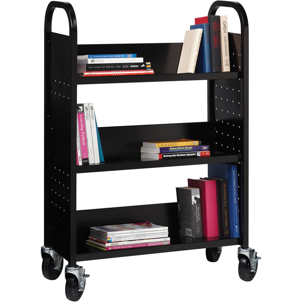 Lorell Single-sided Book Cart - 3 Shelf - Round Handle - 5" Caster Size - Steel - x 32" Width x 14" Depth x 46" Height - Black - 1 Each
