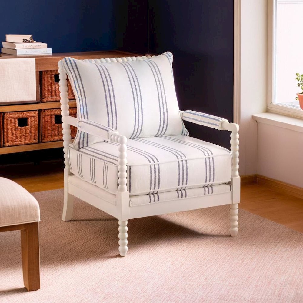 White Upholstered Accent Chair with Navy Spindle Accents for Modern Decor