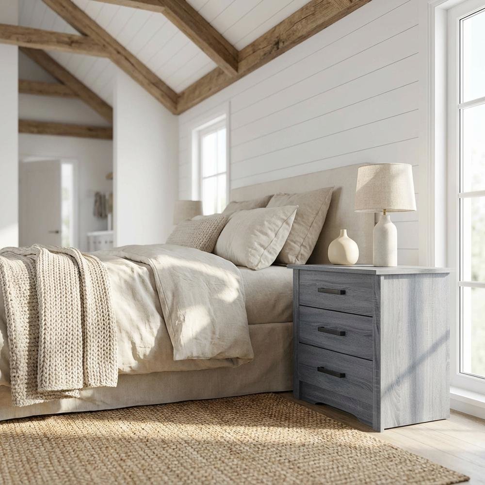 Gray Bedroom Nightstand with 3 Drawers and Metal Glides, Contemporary Style