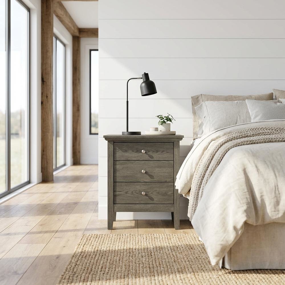 Smoked Gray Nightstand with 3 Drawers and Casual Style