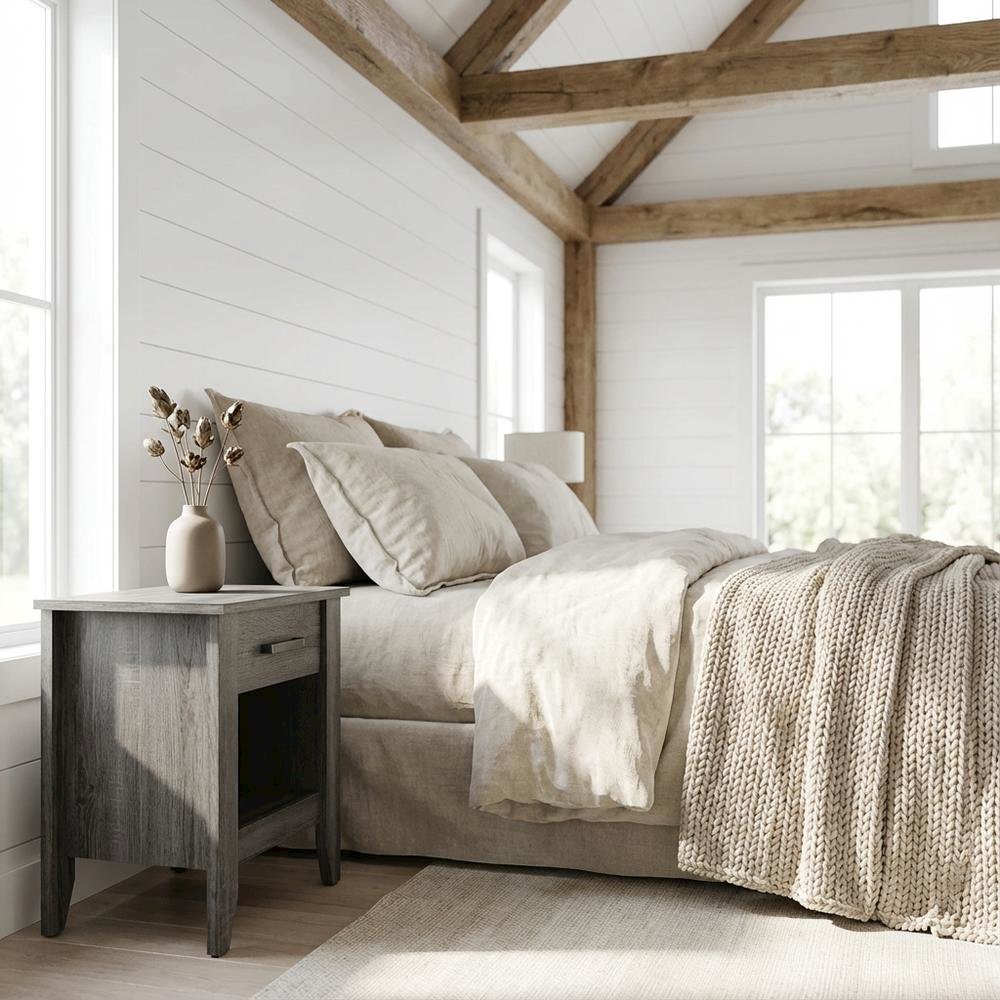 Gray Nightstand with Contemporary Style, Rta Drawer Construction, Metal Glides