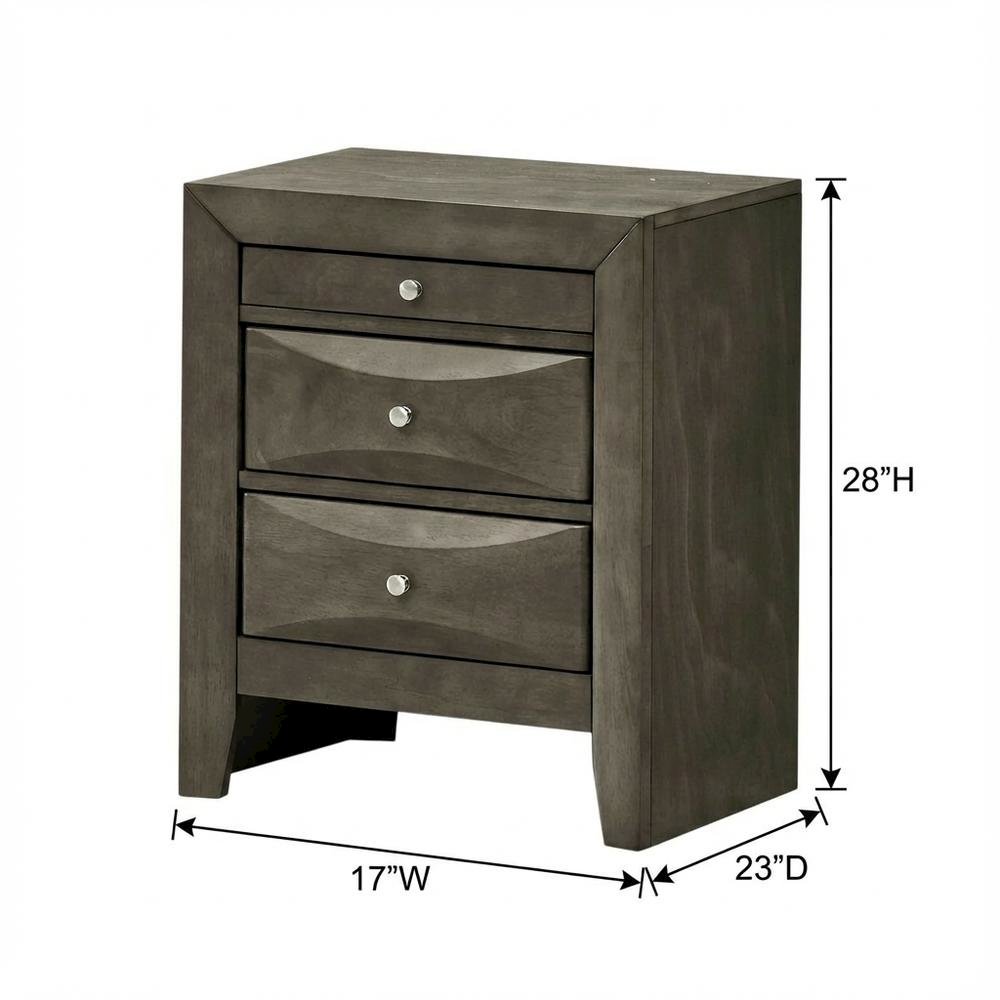 Gray Bedroom Nightstand, 3 Drawers, Dovetailed Construction, Contemporary Style