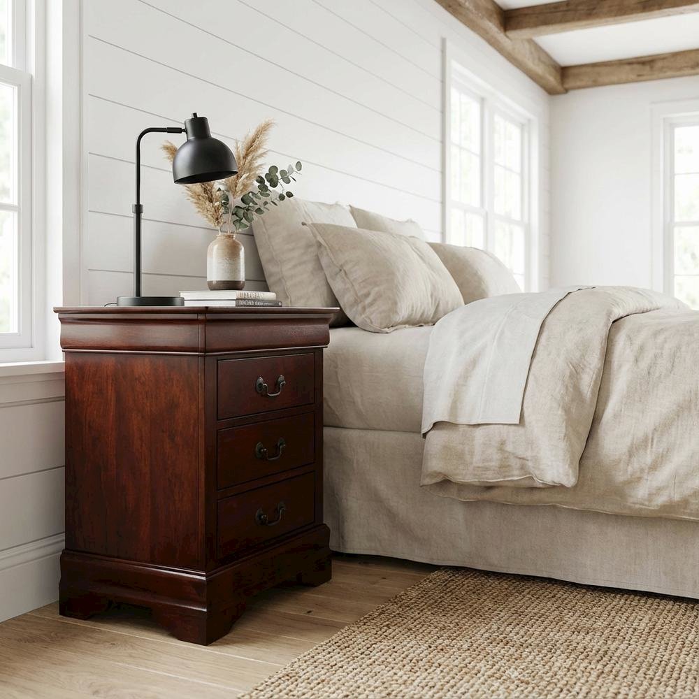 Cherry Nightstand with Traditional Style and 3 Drawers for Bedroom Storage