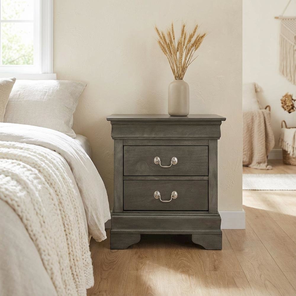 Gray Traditional Nightstand, Dovetailed Drawers, Metal Glides, Bedroom Furniture