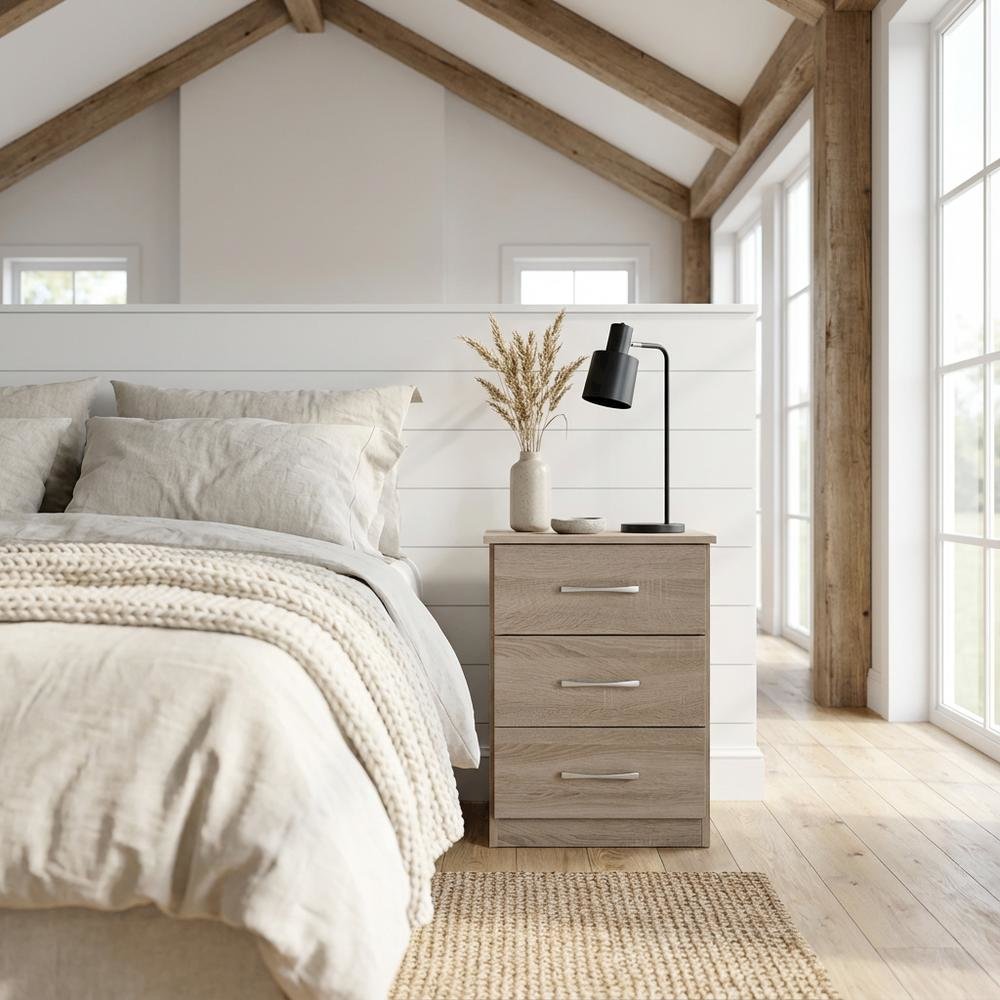 Sandle Wood Nightstand with 3 Drawers and Contemporary Design