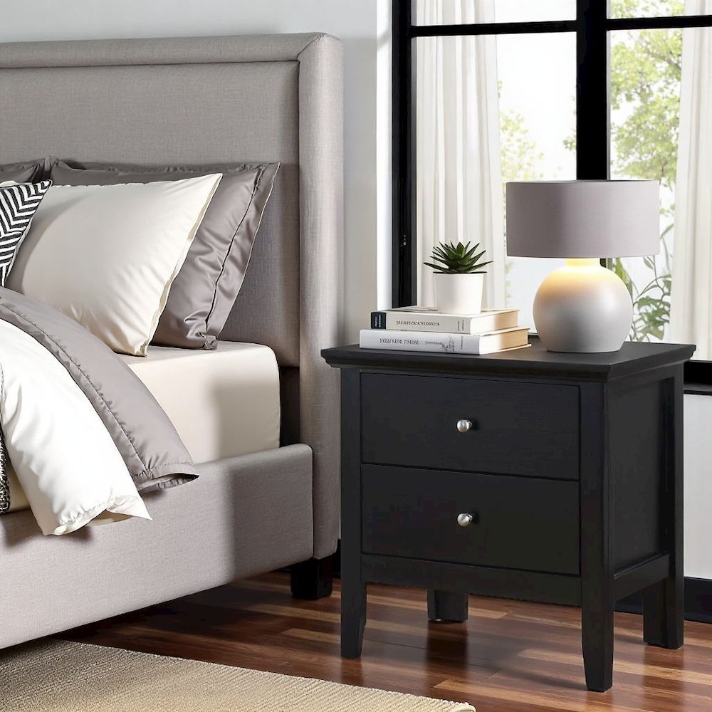 Black Nightstand with 2 Drawers, Wooden Bedside Table for Bedroom