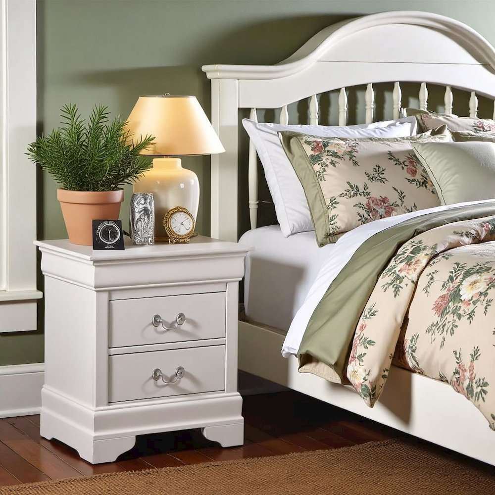 White Wood 2 Drawer Nightstand, Traditional Bedside Table with Storage