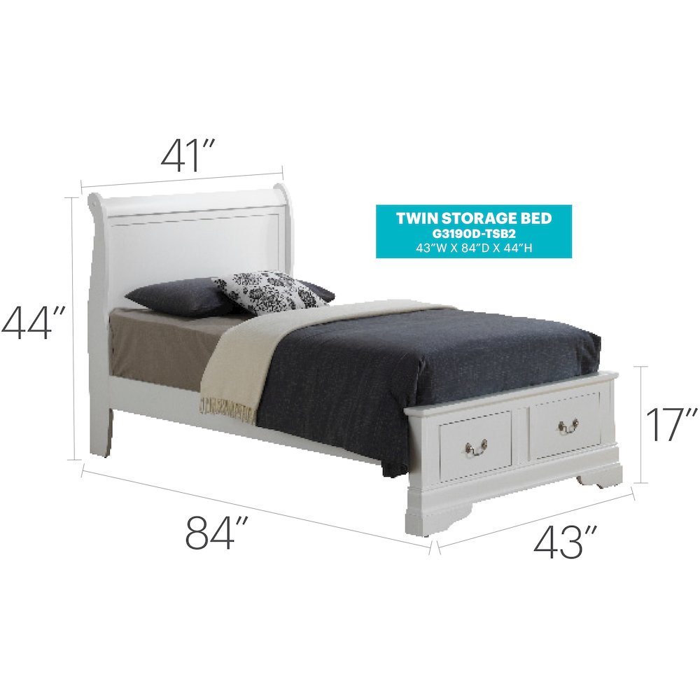 Glory Furniture Louis Phillipe Twin Storage Bed in White Color