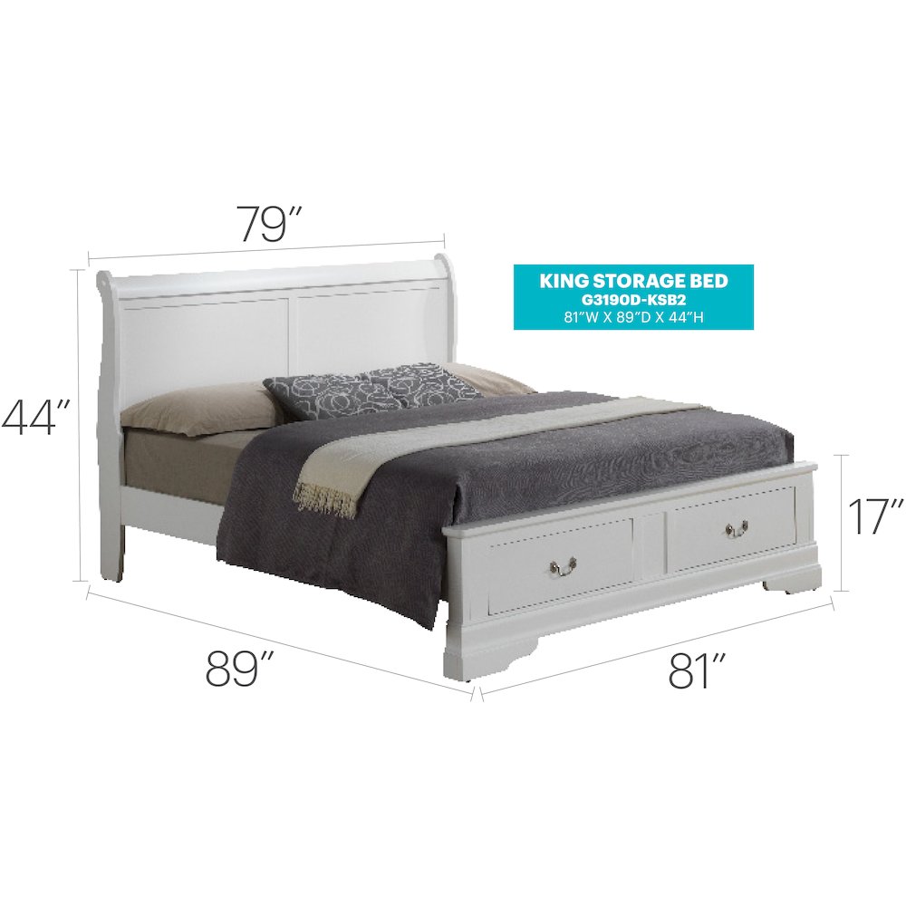 Glory Furniture Louis Phillipe King Storage Bed in White Color