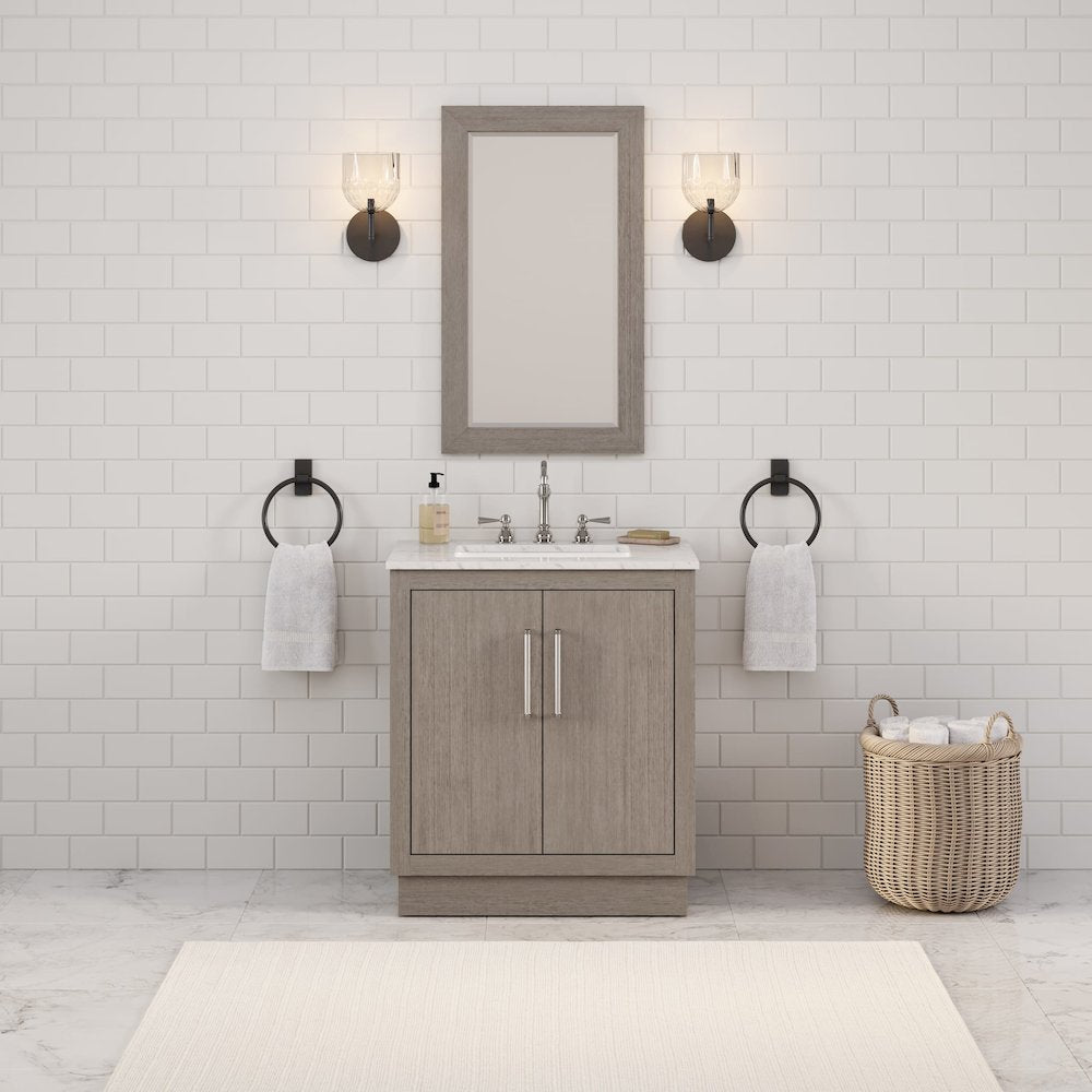 Hugo 30 In. Single Sink Carrara White Marble Countertop Bath Vanity in Grey Oak