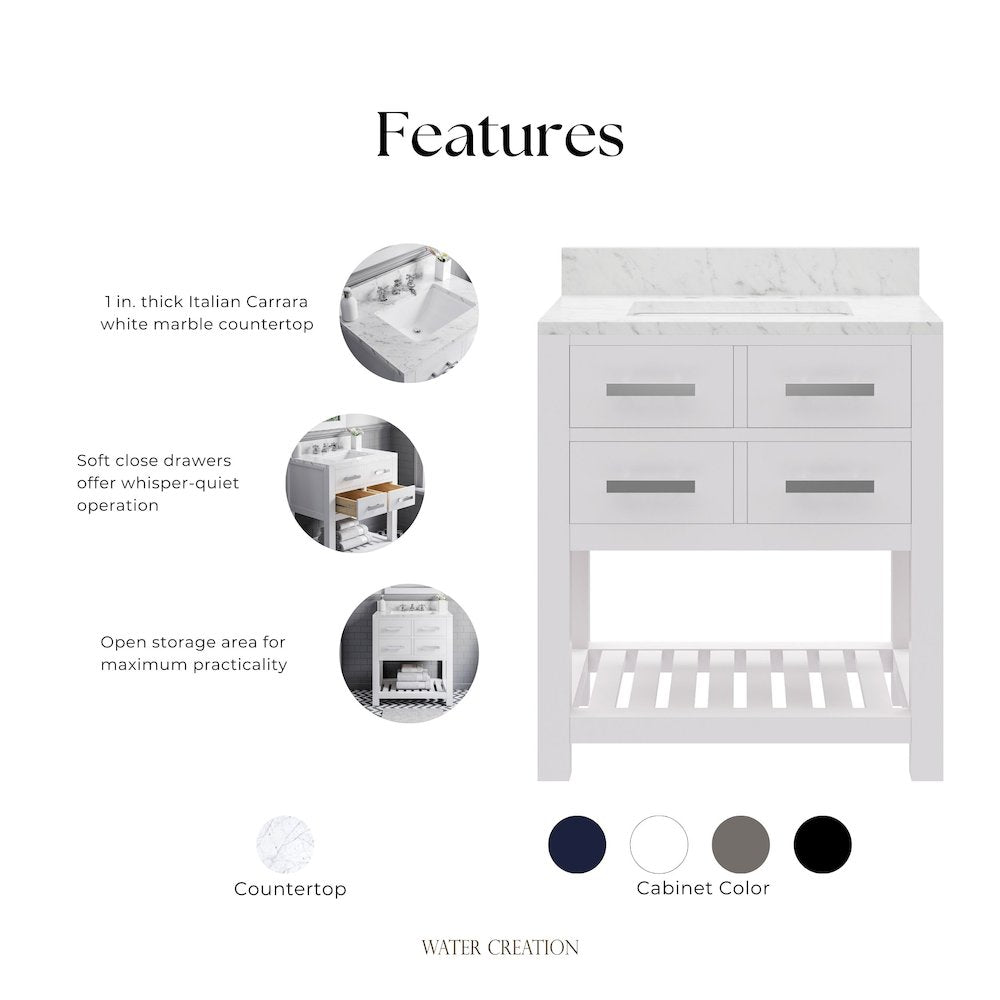 Madalyn 30 In. Single Sink Carrara White Marble Countertop Bath Vanity