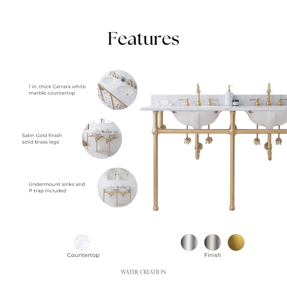 60 In. W. Double Wash Stand, P-Trap, Carrara White Marble Countertop