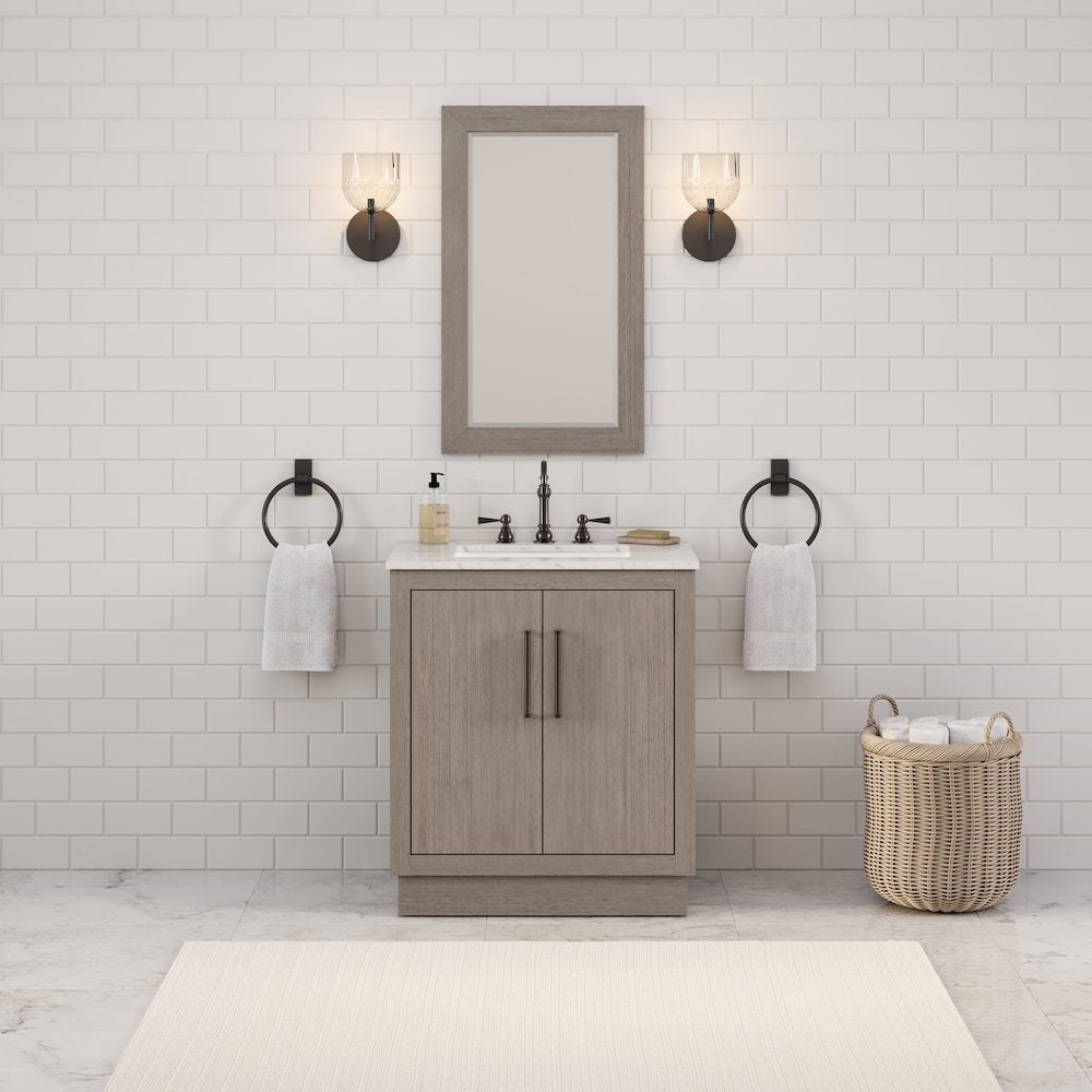 Hugo 30 In. Single Sink Carrara White Marble Countertop Vanity in Grey Oak